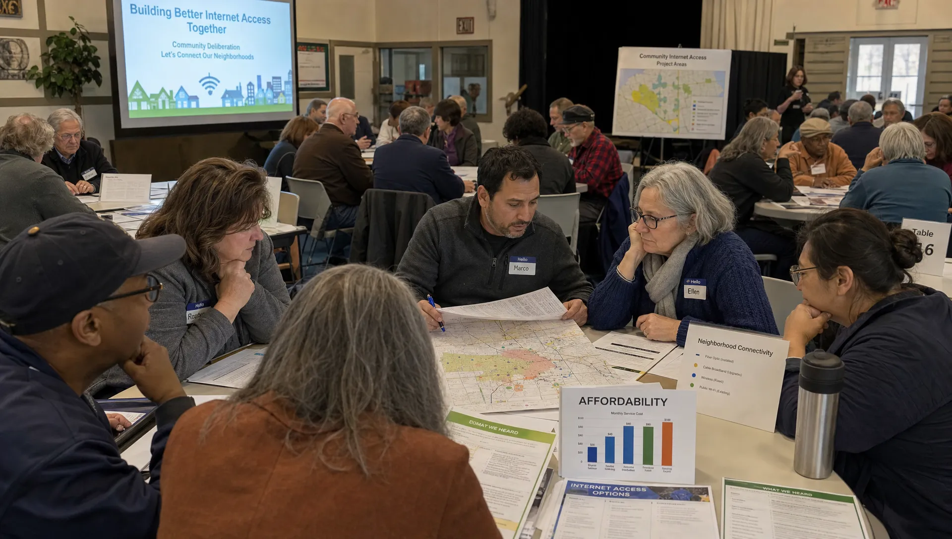 Residents in a community hall review maps, affordability charts and neighborhood connectivity reports during deliberative democracy for internet access decisions.