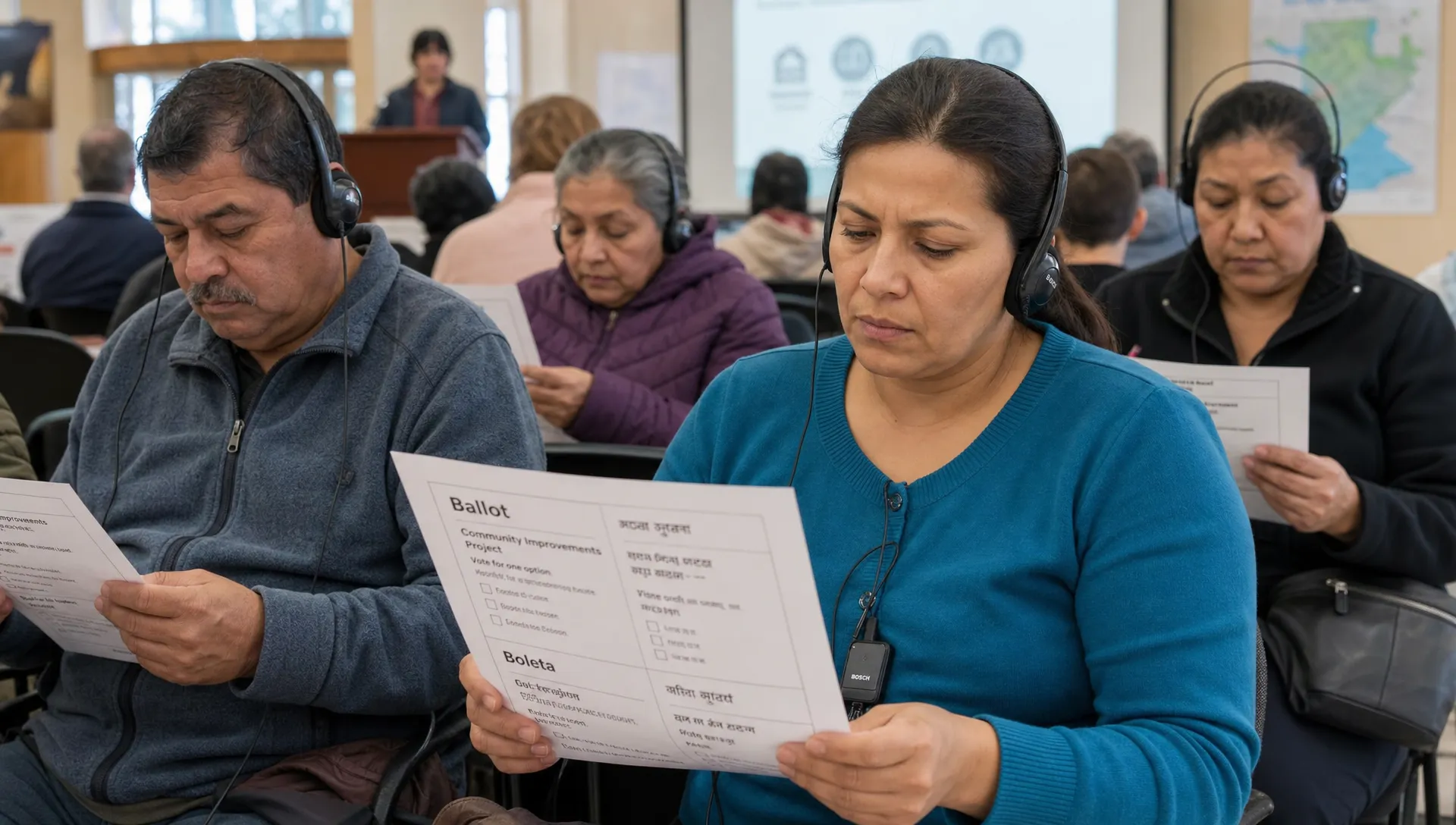 Residents in a public room read translated ballots while using interpretation headsets during a community meeting.