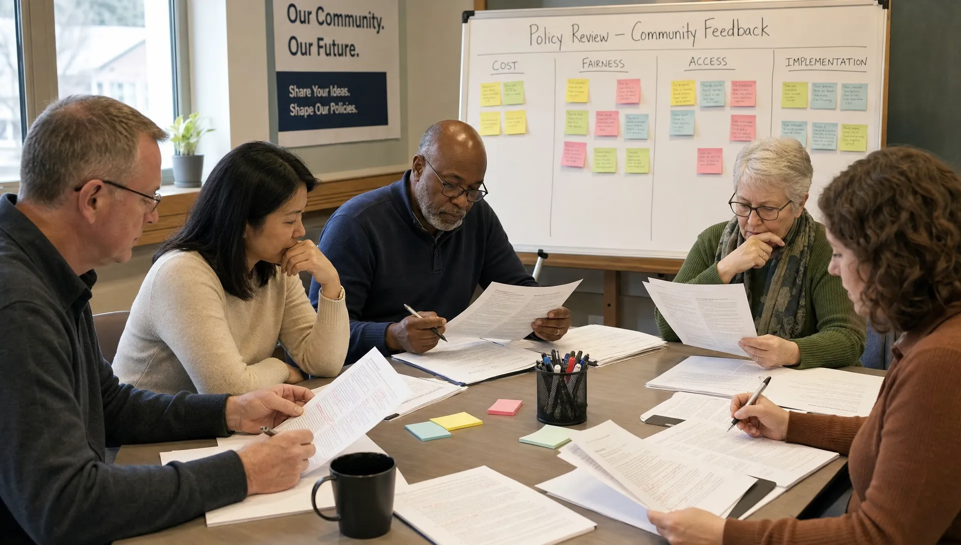 Residents review printed policy clauses around a community table, with marked-up drafts and a board grouping comments by cost, fairness, access and implementation.