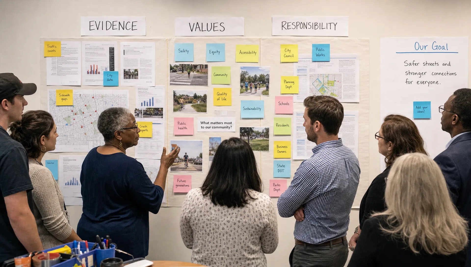 Residents, teachers, and public officials gather around a wall of issue notes, maps, and documents to sort a city problem into evidence, values, and responsibility.
