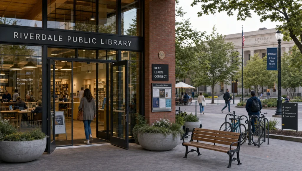 The public library entrance opens onto a town plaza with adults moving between benches, planters, and the reading room.