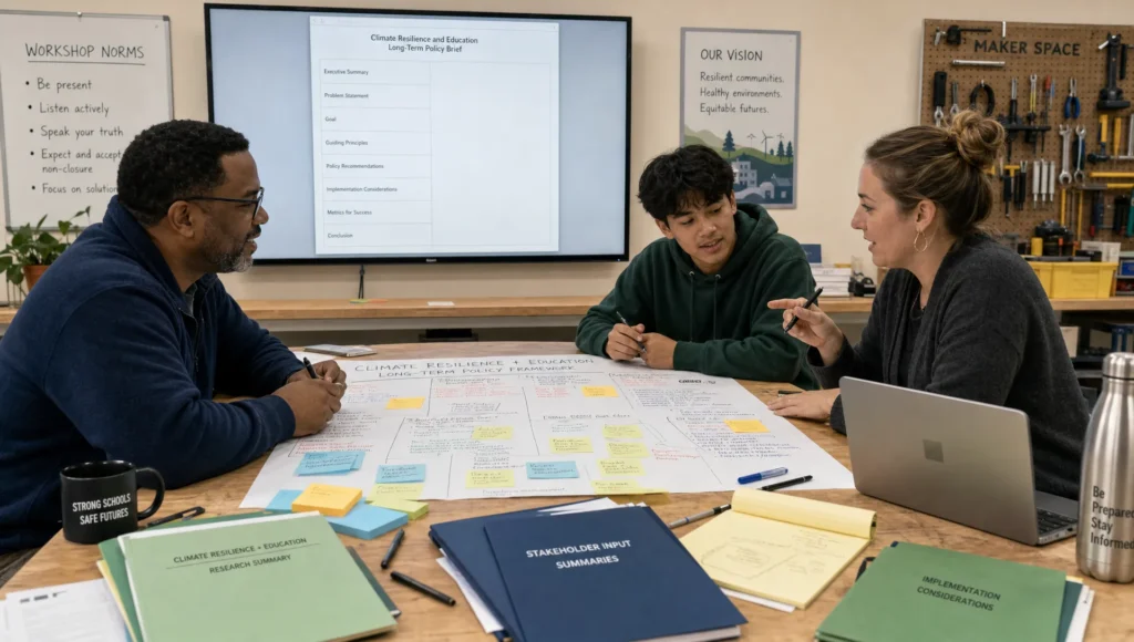 Three people in a school workshop review a long-term policy brief and mark up a shared worktable for deliberative democracy.