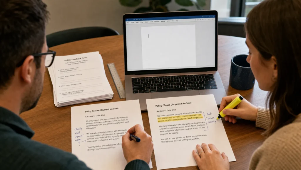 Two adults compare a policy clause on paper and laptop while marking a revision during public feedback.