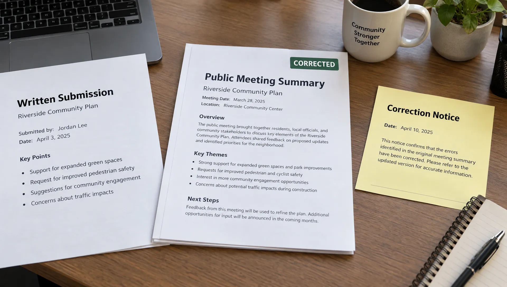 A corrected public meeting summary beside the supporting written submission and dated correction notice on a reviewer’s work surface.