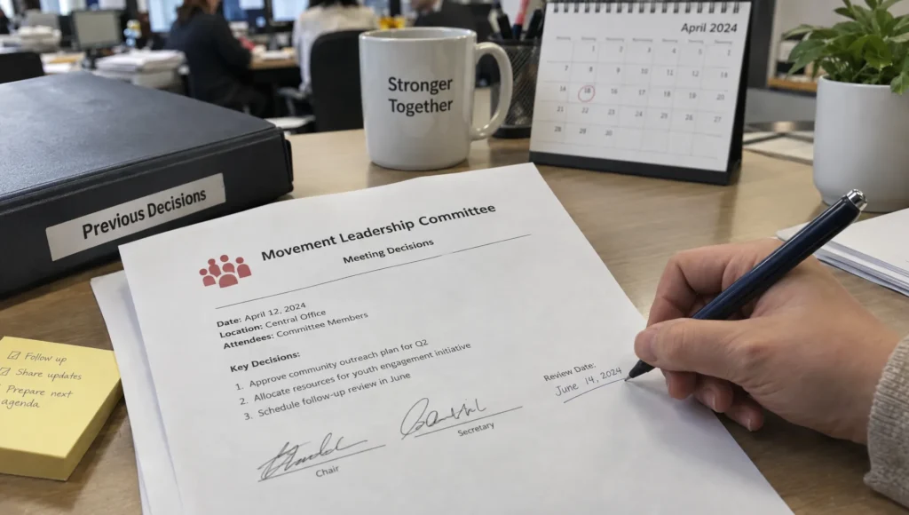A movement member marks a review date on a written decision record, keeping the group's conflict-resolution process accountable.