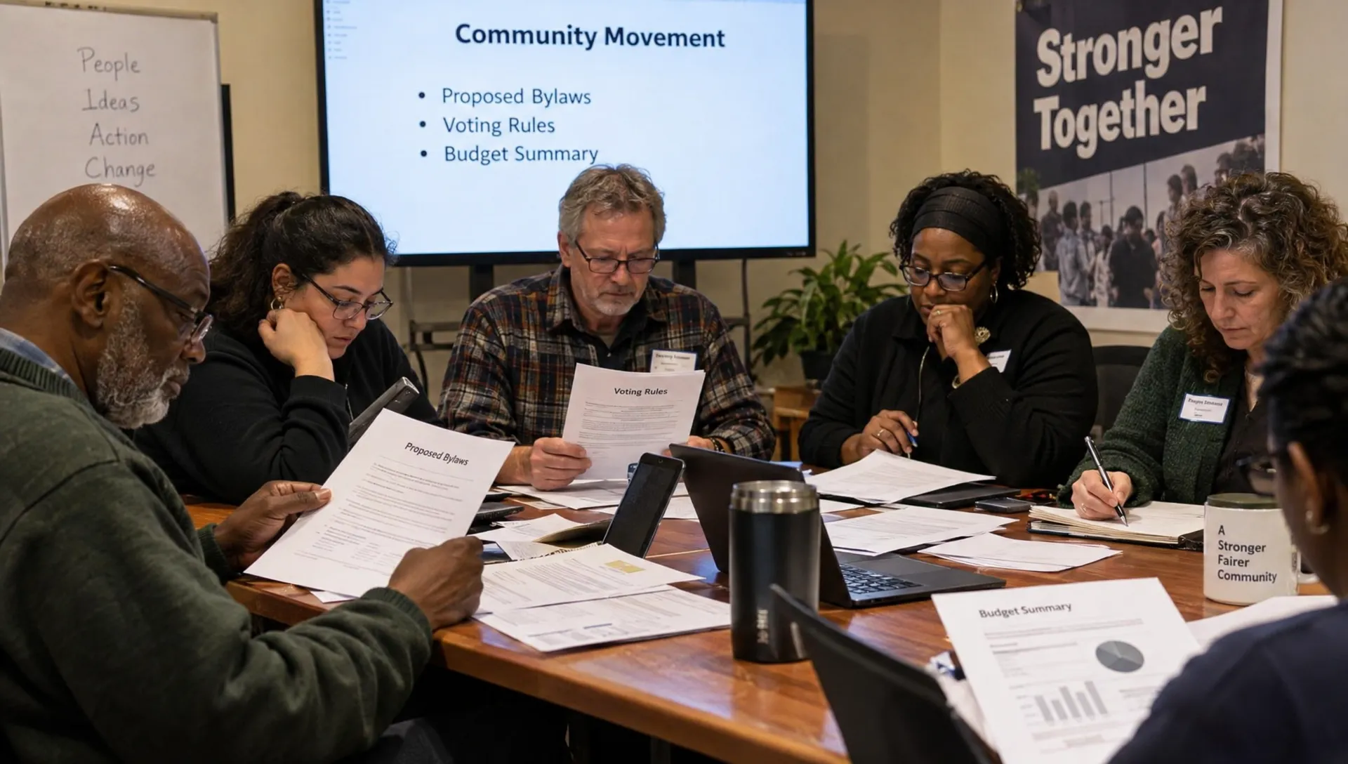 A movement's members examine proposed bylaws, voting rules and budget summaries while recording questions during a community meeting.