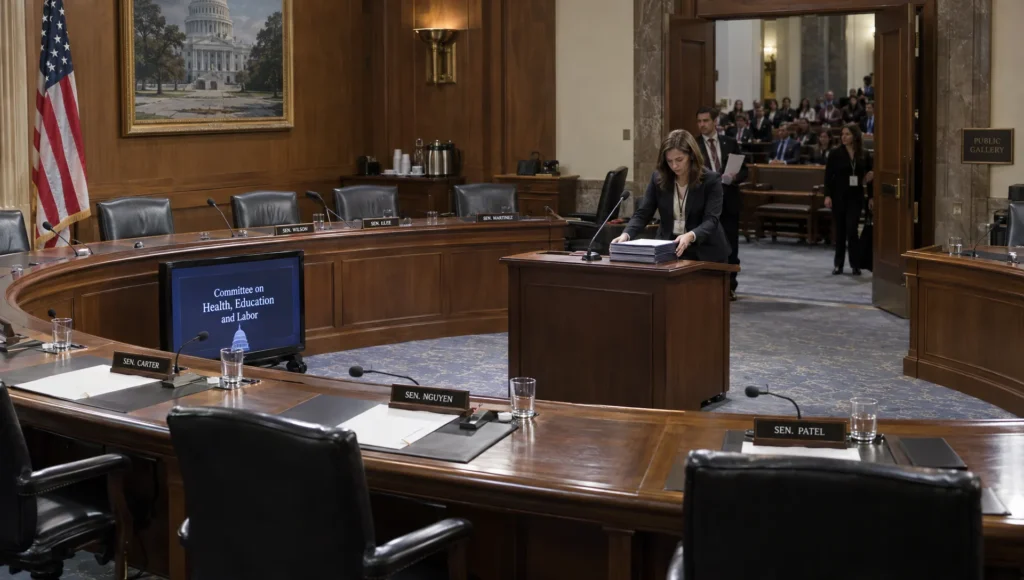 A parliamentary hearing room is prepared for scrutiny of lobbying submissions and policy arguments.