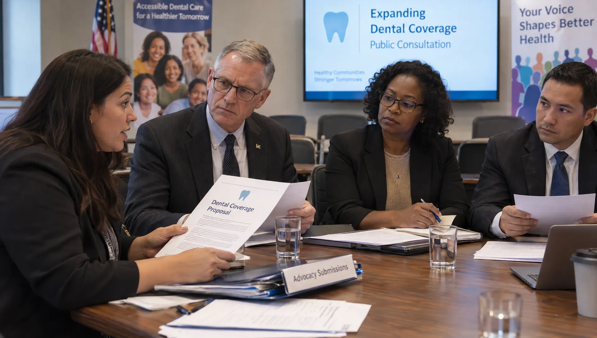 A patient advocate and public officials review a dental coverage proposal and advocacy submissions in a public consultation room.