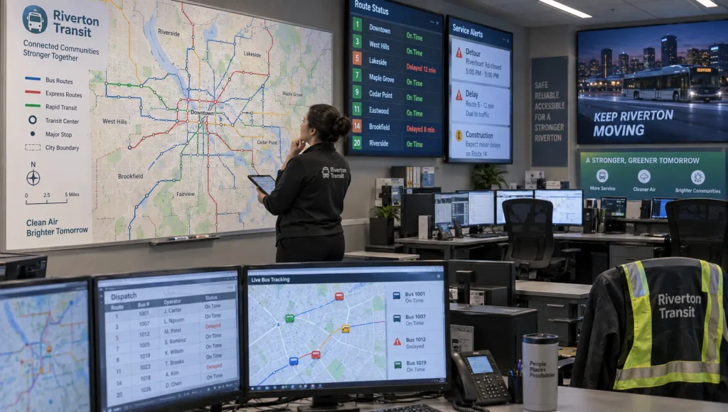 A transit planner reviews bus routes beside a wall map in an operations center, where disputed service proposals can be examined against the network.