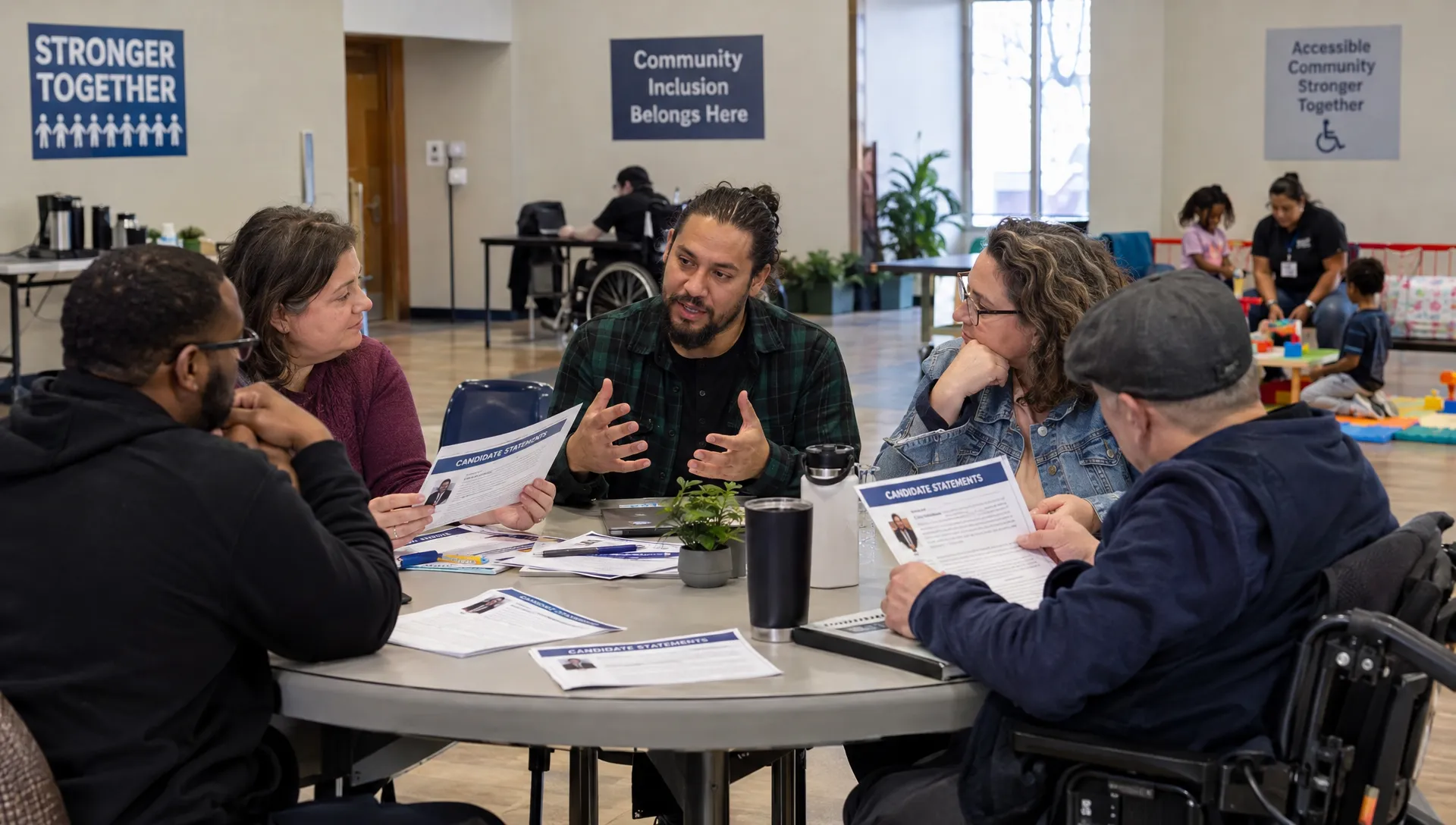 Adult movement members discuss candidate statements around a shared table in an accessible community hall, with a supervised activity area nearby.