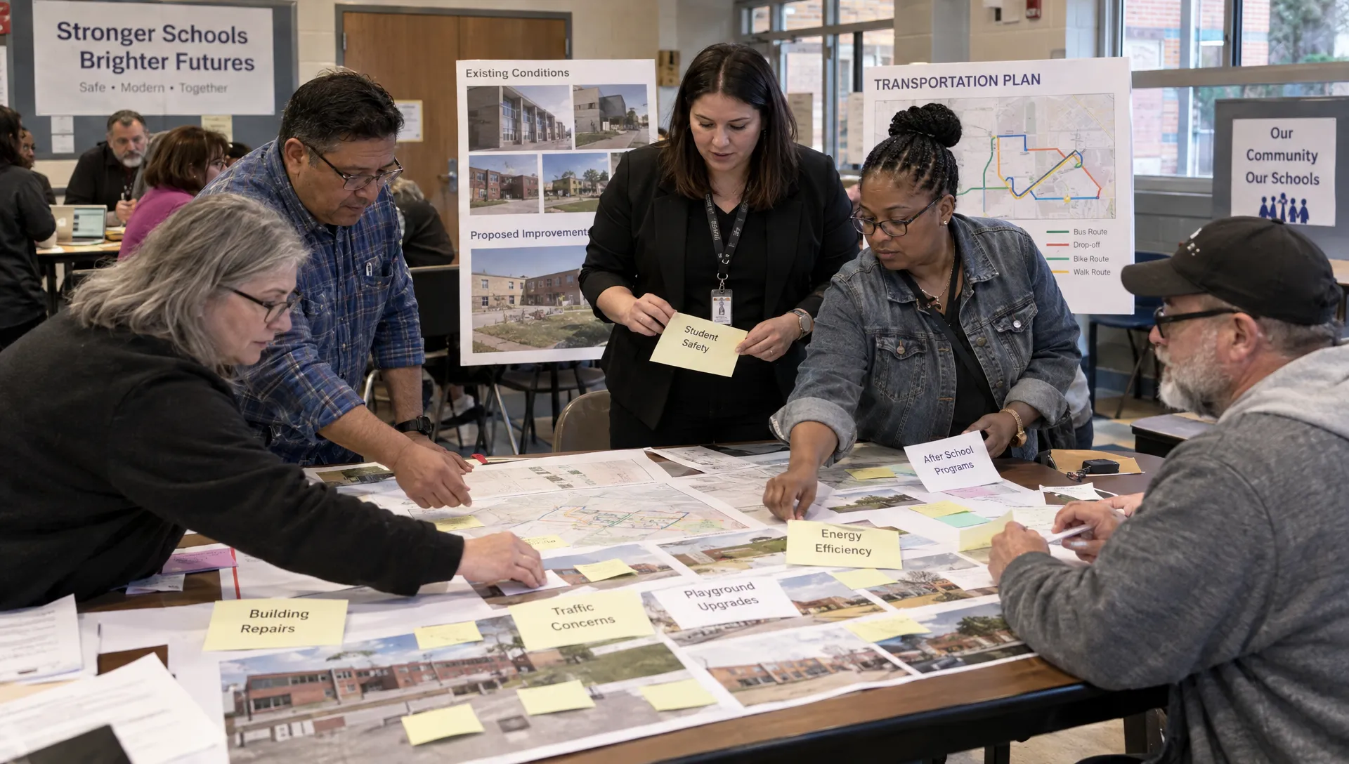 Adult parents, school staff, nearby residents, and a facilitator sort written concerns beside transport plans and school photographs during a public school repair discussion.