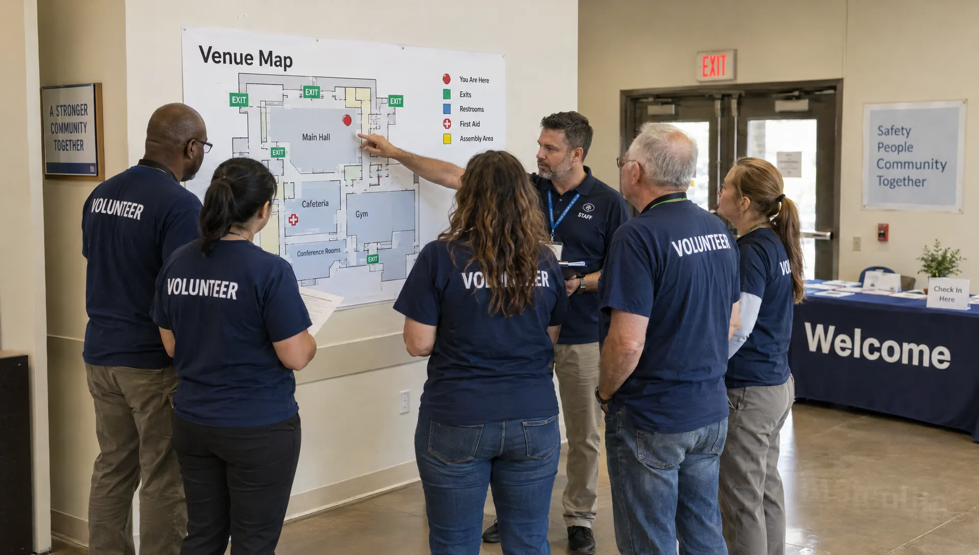 Adult volunteers gather around a wall-mounted venue map during a safety briefing in a community hall, with a welcome desk and marked exits nearby.