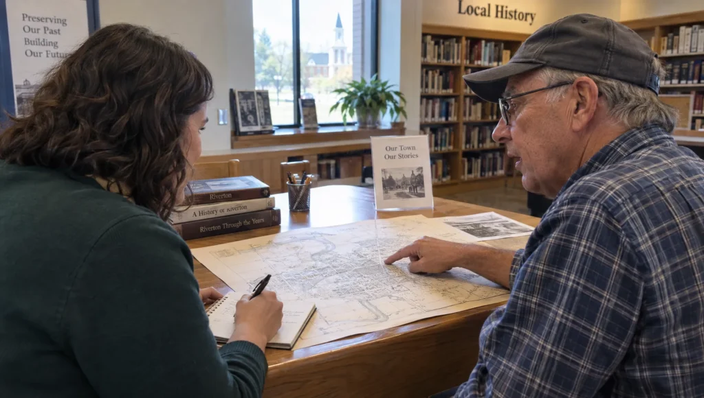 An interviewer records a resident’s account as the resident points out a neighborhood street on a library map.
