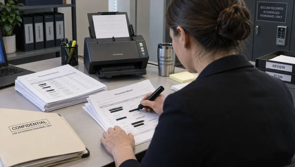 An investigator redacts identifying details from procurement records before sharing findings about an institutional response.