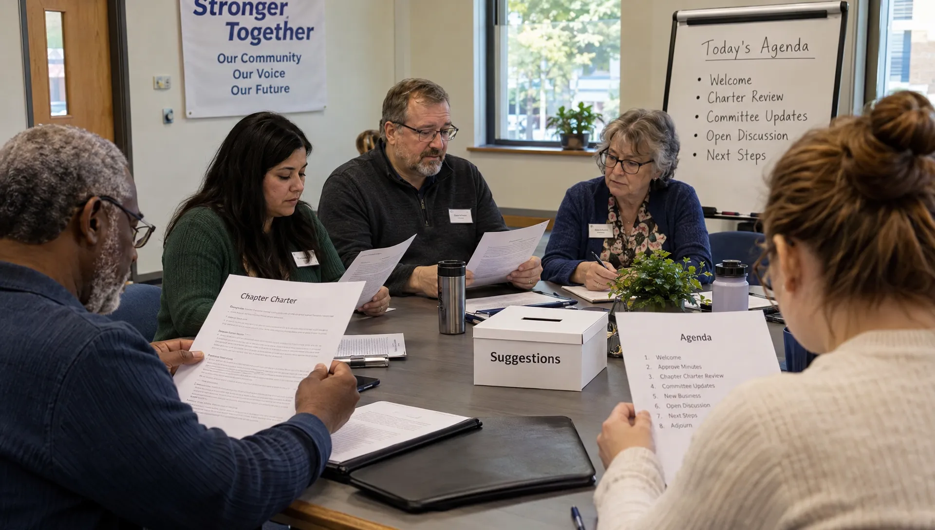At a community meeting, members review printed chapter charter clauses and an agenda around an accessible table, with a suggestions box nearby.
