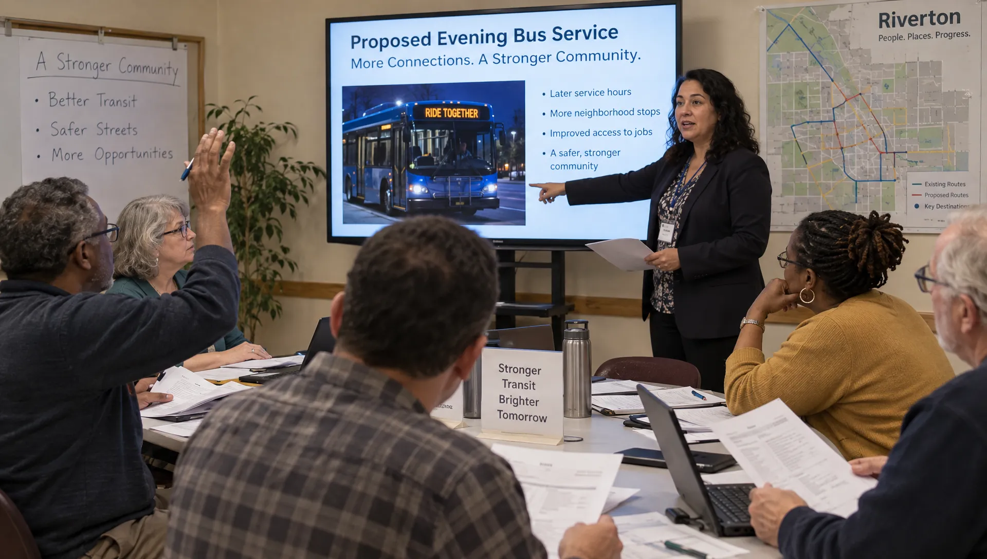 At a community-room meeting, a facilitator points to an evening bus proposal as residents review budget papers and one participant raises a hand to question a claim.
