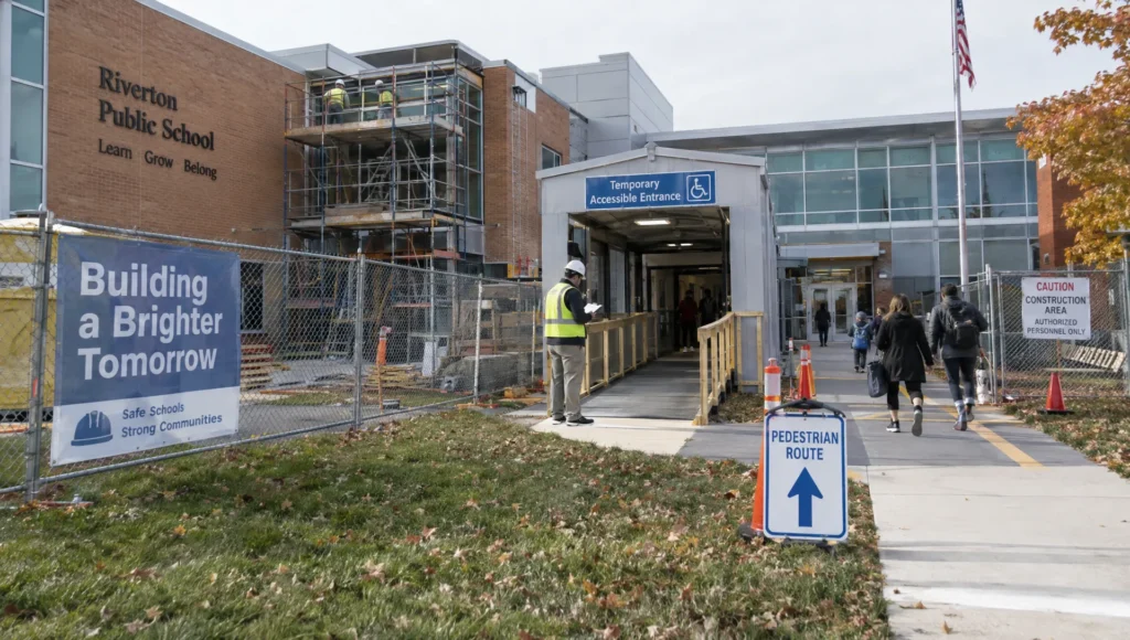 Families and staff pass a public school repair site with a temporary entrance and marked walkway as the community weighs competing concerns.