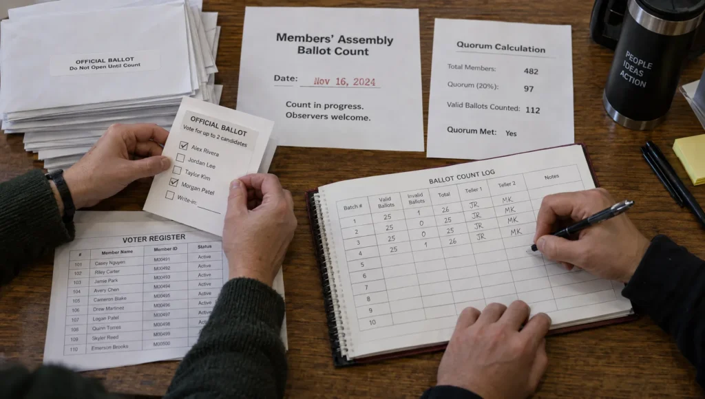 Independent tellers verify member ballots against the voter register and record a political movement election tally.