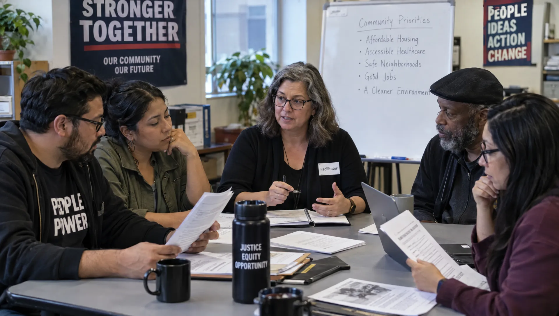 Political movement members review proposals and evidence around a community meeting table as a neutral facilitator guides their discussion.