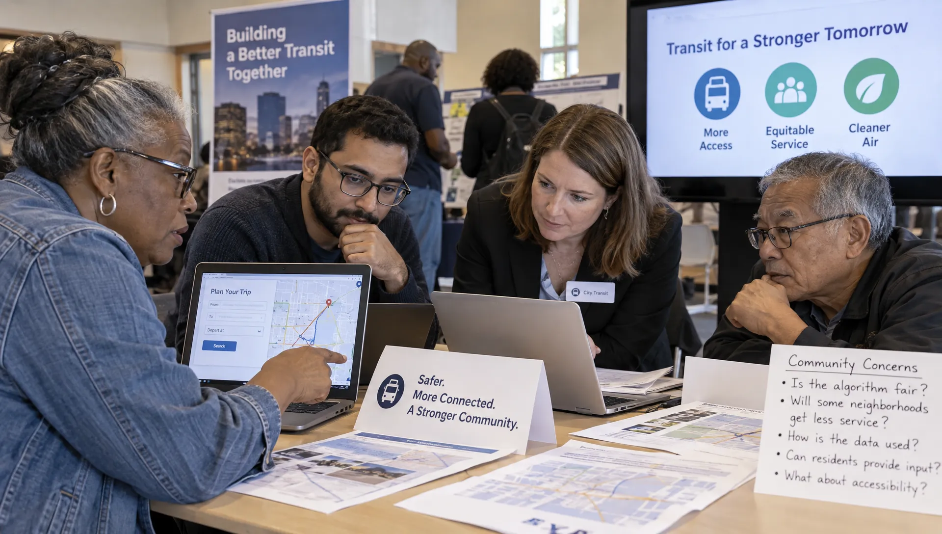 Residents and public officials examine sample transport applications and written concerns about an algorithm during a community workshop.