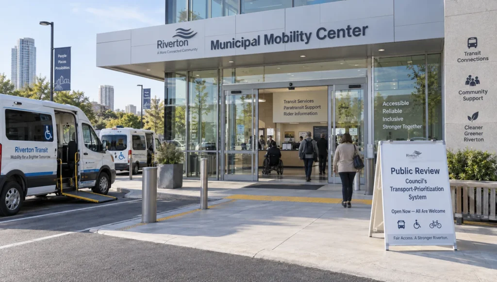Residents arrive at a municipal mobility center as accessible vans wait outside, where council transport priorities are open for public review.