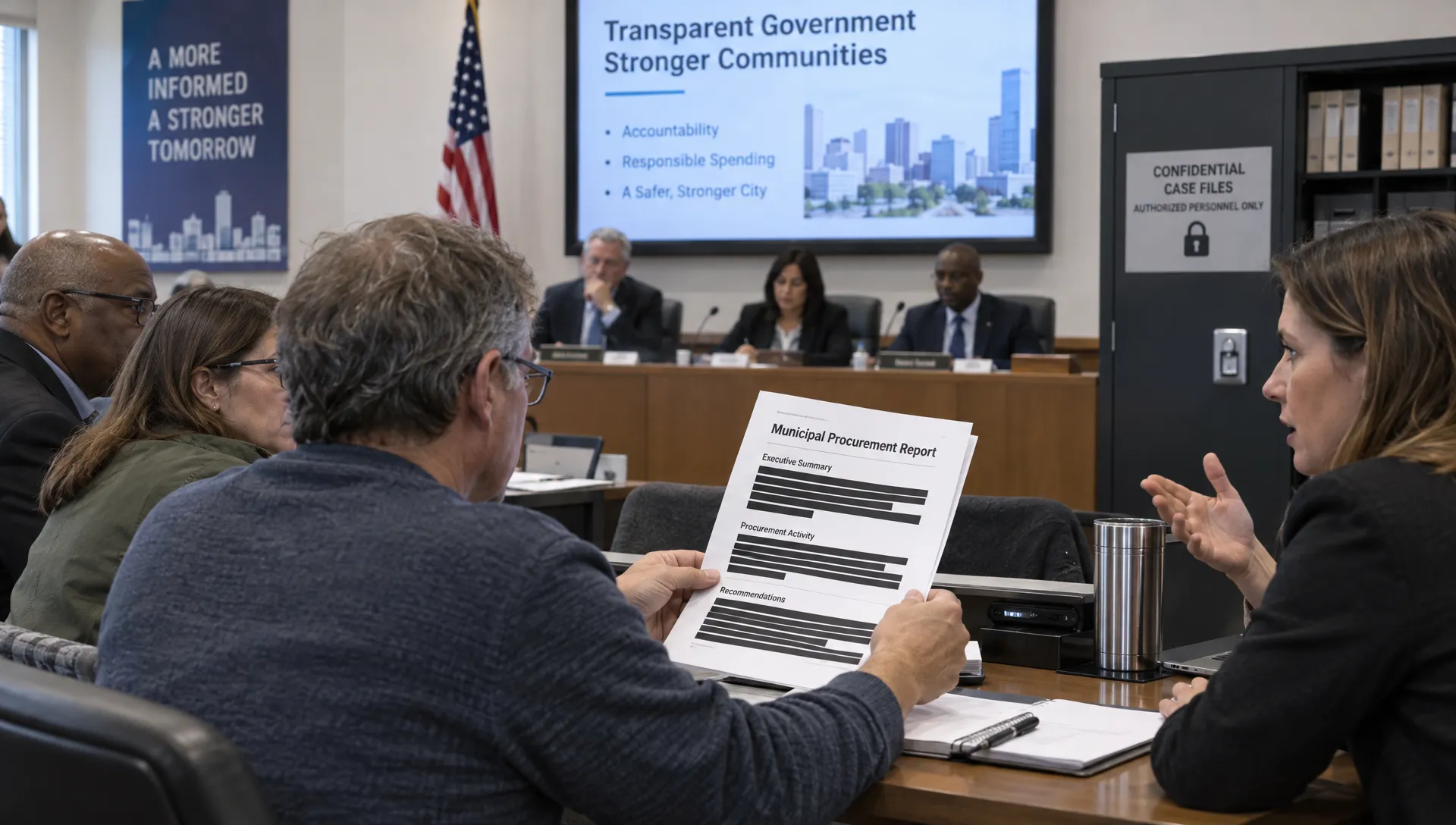 Residents at a public hearing review a redacted municipal procurement report and discuss safeguards, while confidential case files remain secured away from the meeting.