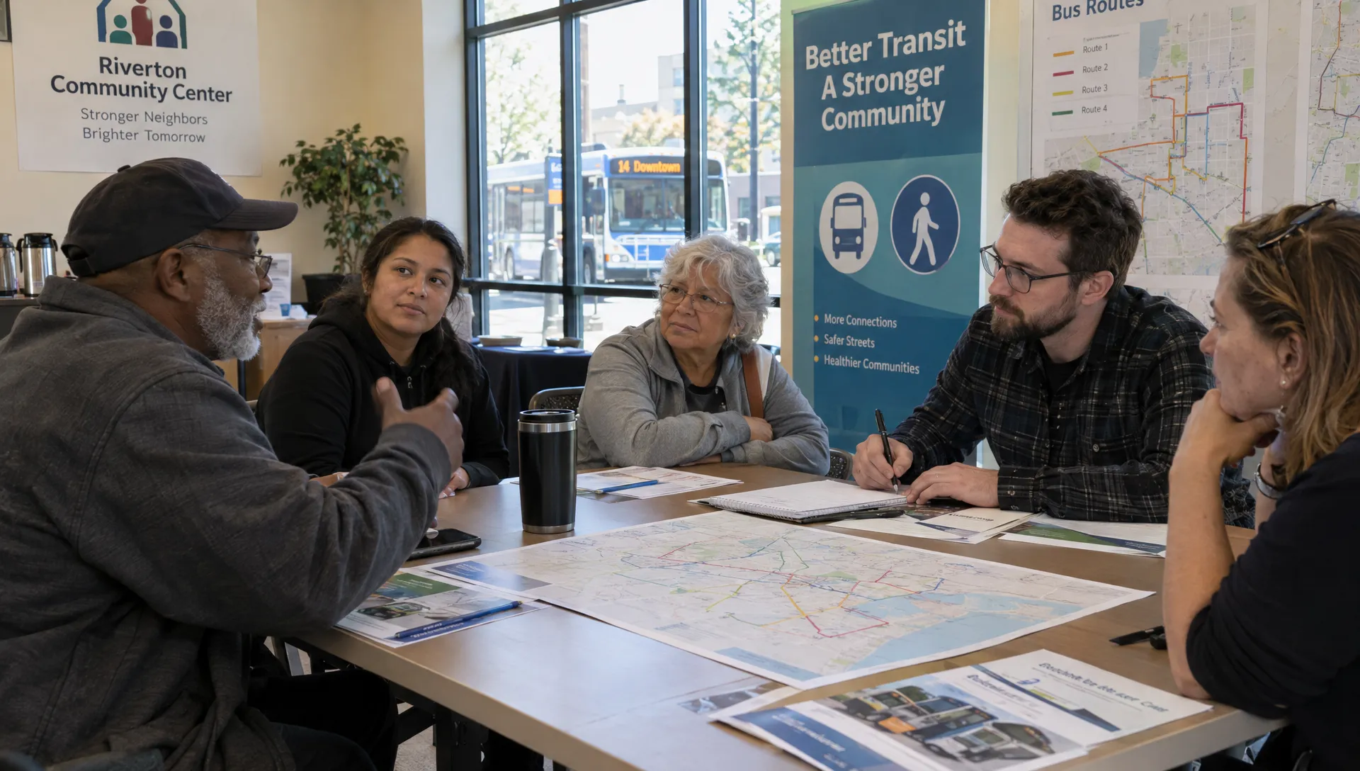 Residents describe local transport experiences around a community-center table as an organizer records notes beside printed bus-route maps.
