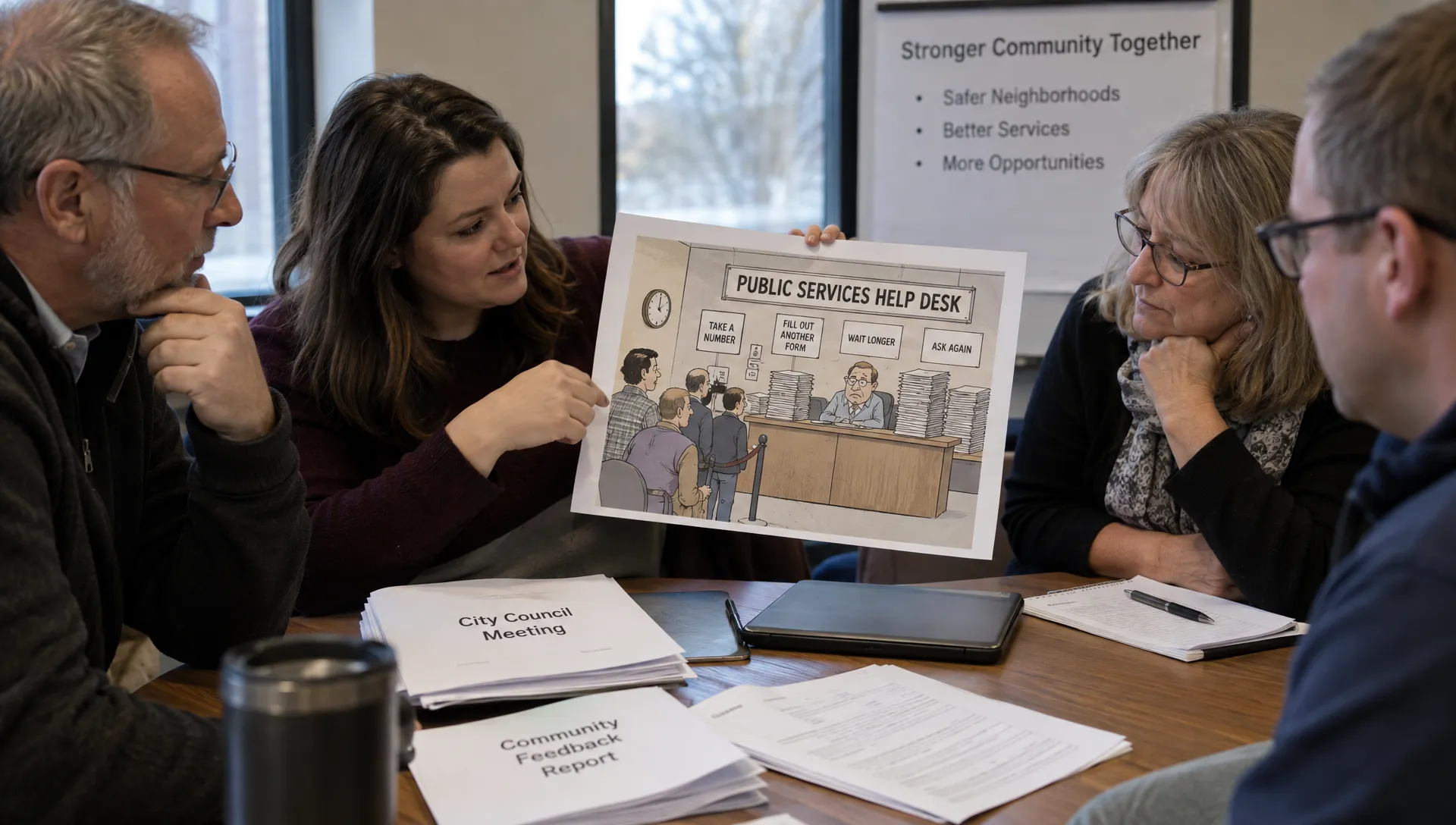 Residents discuss a cartoon of an exaggerated bureaucratic help desk beside public meeting documents, considering how satire can open discussion about public institutions.