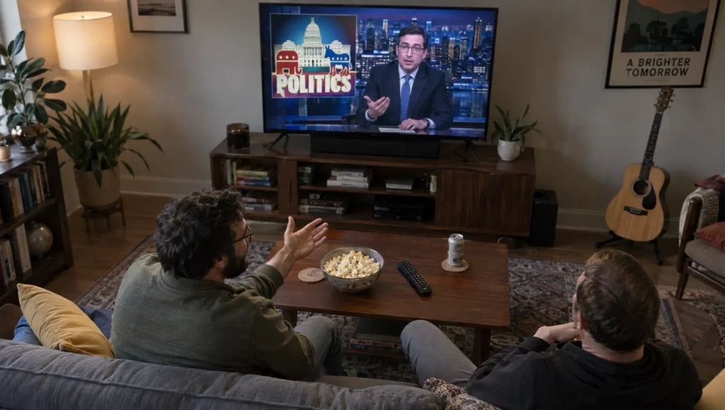 Two friends watch political comedy at home and discuss its take on public life.
