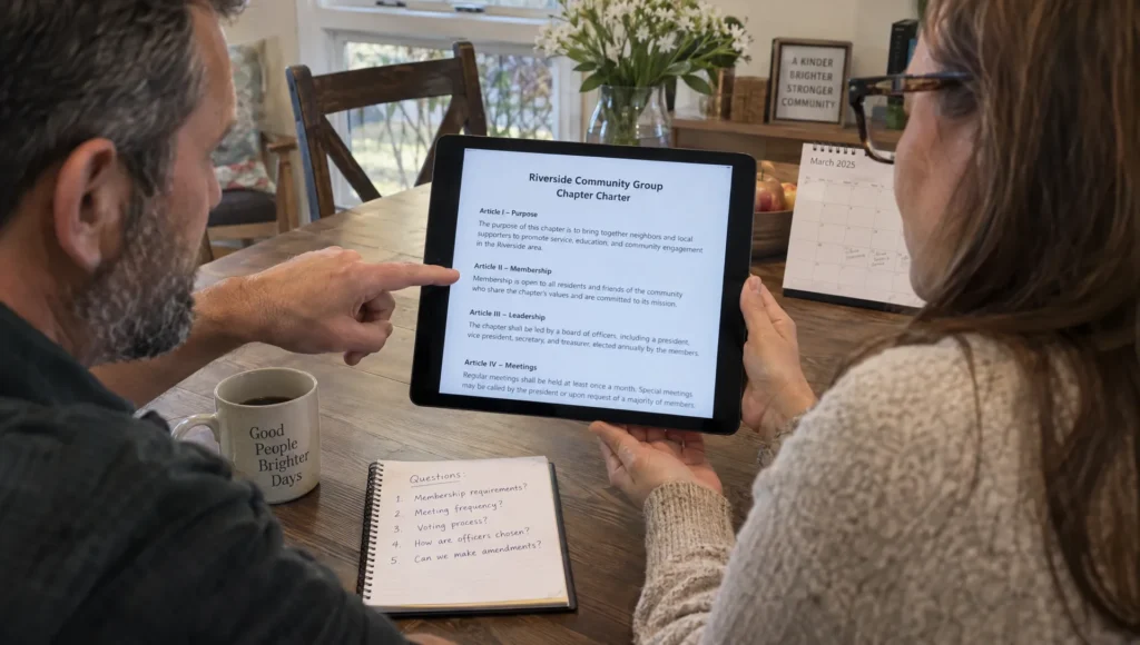 Two organizers review a political movement chapter charter at home, reading its clauses together on a tablet.