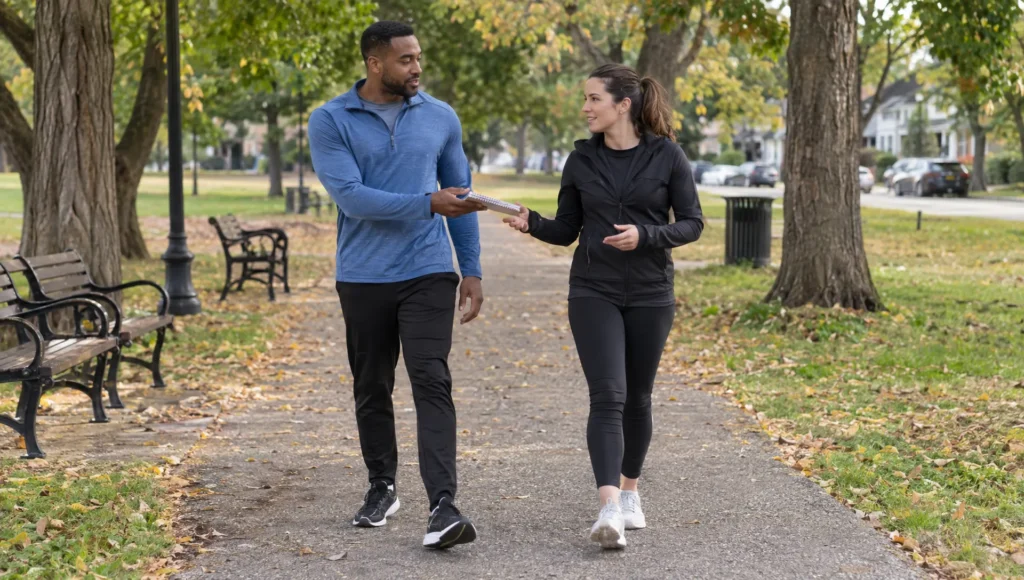 Two political movement leaders discuss a handover on a park path as one passes a notebook of ongoing responsibilities to the other.
